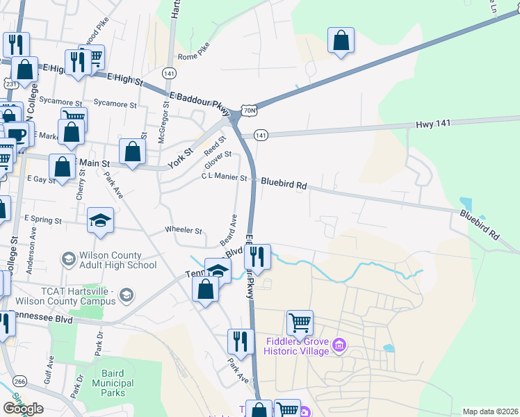map of restaurants, bars, coffee shops, grocery stores, and more near 106 Head Court in Lebanon