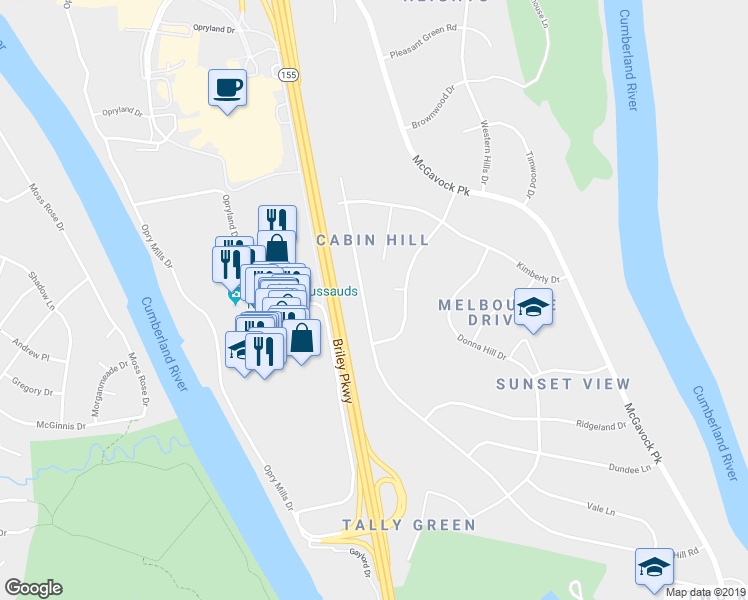 map of restaurants, bars, coffee shops, grocery stores, and more near 2222B Cabin Hill Road in Nashville