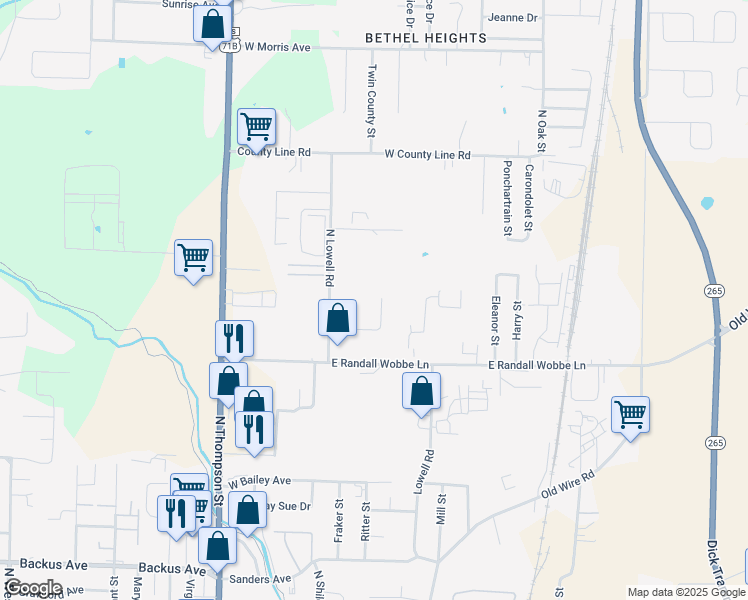 map of restaurants, bars, coffee shops, grocery stores, and more near 2301 North Lowell Road in Springdale