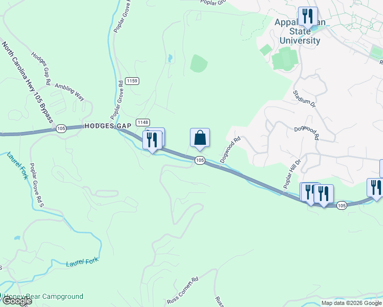 map of restaurants, bars, coffee shops, grocery stores, and more near 300-306 Maryah Dr in Boone