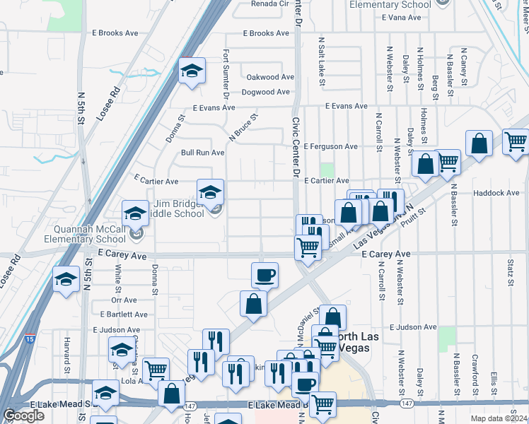 map of restaurants, bars, coffee shops, grocery stores, and more near 1600 East Nelson Avenue in North Las Vegas