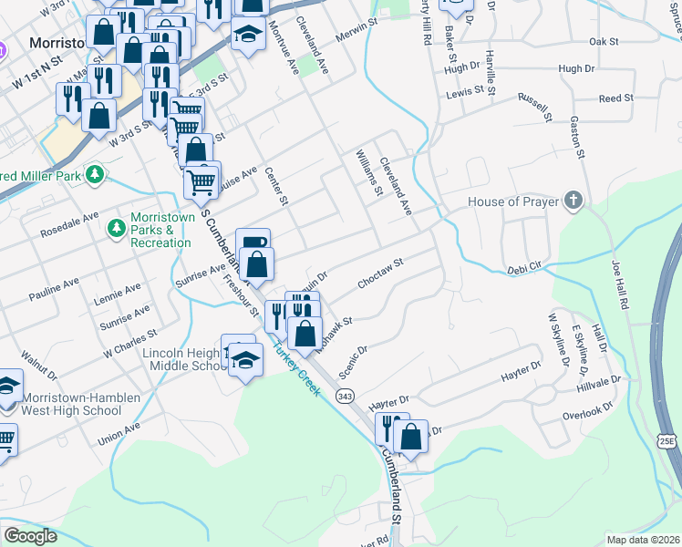 map of restaurants, bars, coffee shops, grocery stores, and more near 516 Algonquin Drive in Morristown