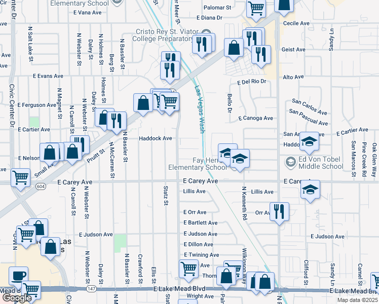 map of restaurants, bars, coffee shops, grocery stores, and more near in North Las Vegas