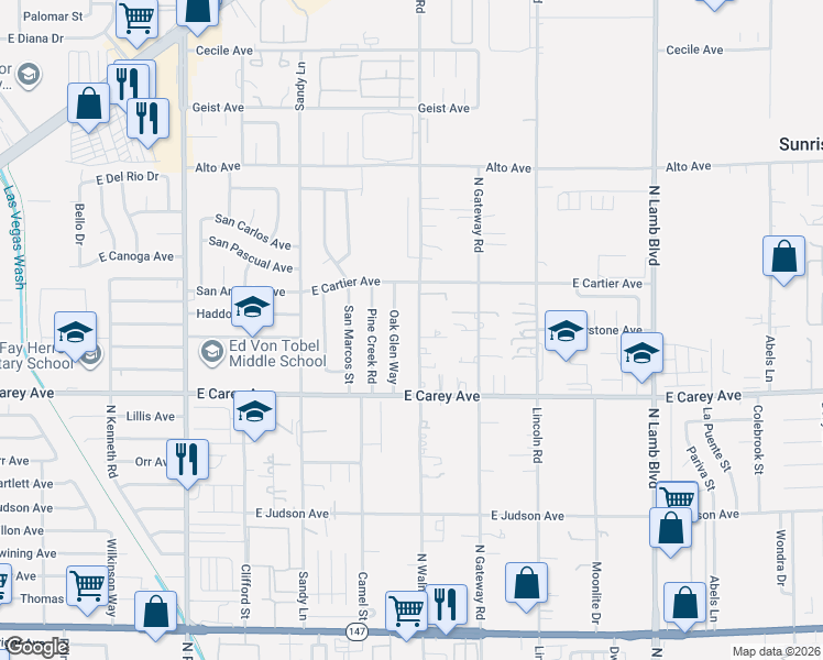 map of restaurants, bars, coffee shops, grocery stores, and more near 2538 North Walnut Road in Las Vegas