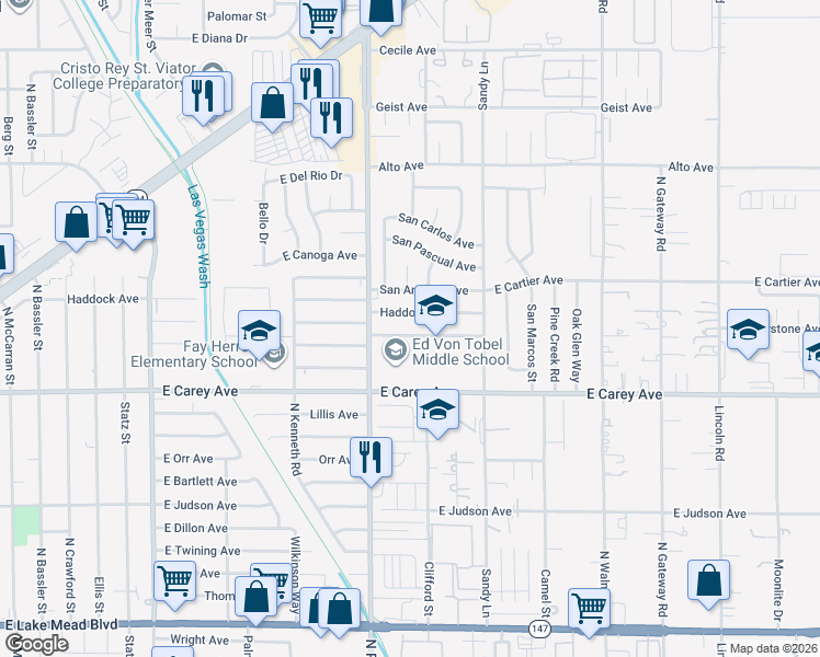 map of restaurants, bars, coffee shops, grocery stores, and more near 3817 Haddock Avenue in Las Vegas