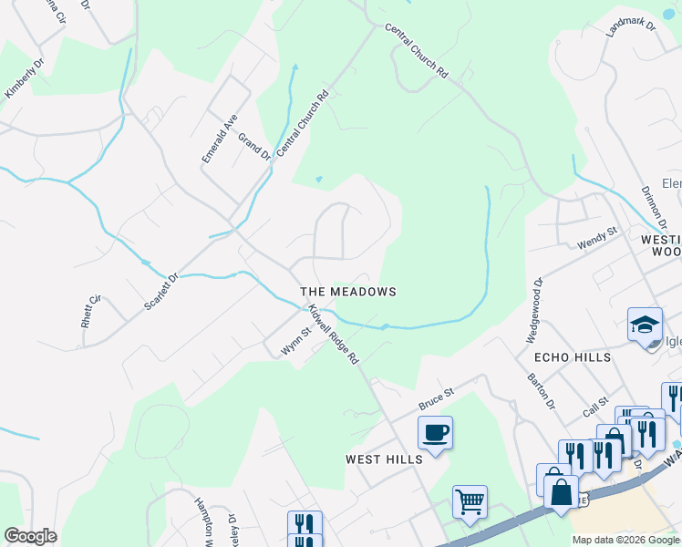 map of restaurants, bars, coffee shops, grocery stores, and more near 3781 Meadowland Drive in Morristown
