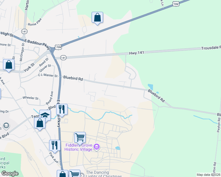 map of restaurants, bars, coffee shops, grocery stores, and more near 1200 Bluebird Road in Lebanon