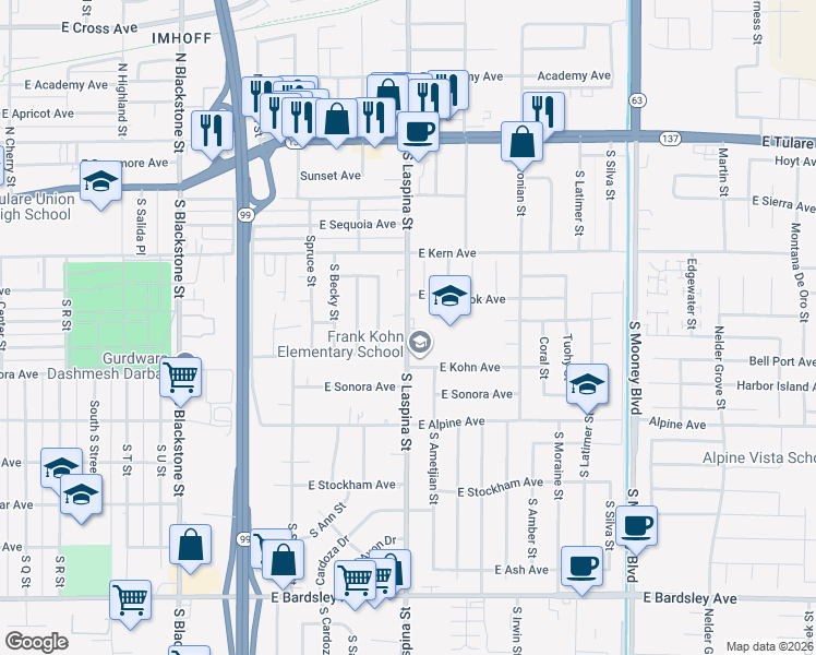 map of restaurants, bars, coffee shops, grocery stores, and more near 500 South Laspina Street in Tulare