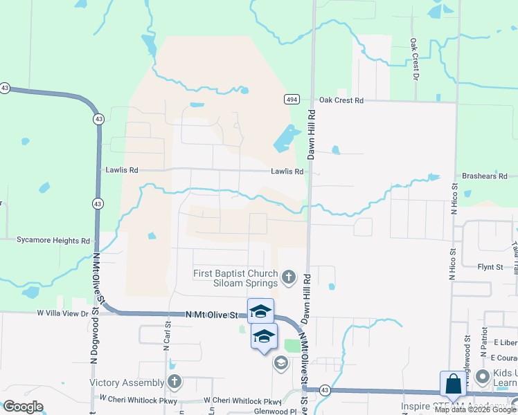map of restaurants, bars, coffee shops, grocery stores, and more near 2270 1/2 Dawn Hill Road in Siloam Springs