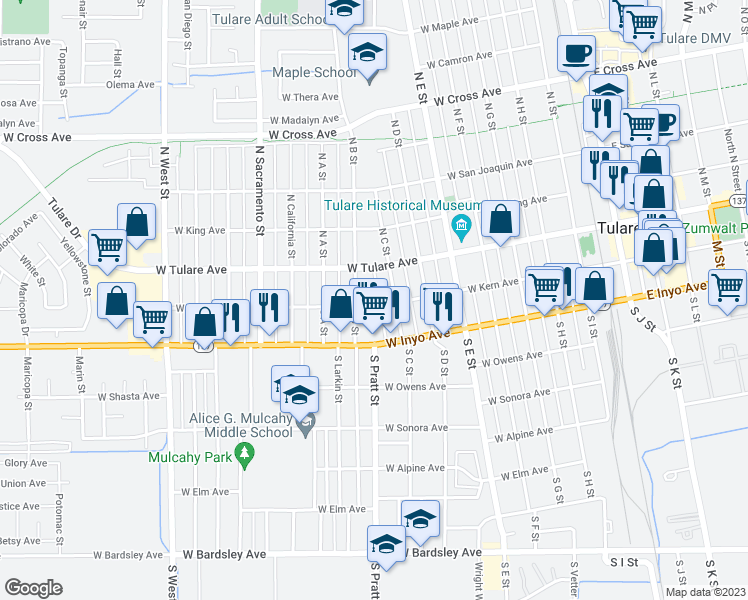 map of restaurants, bars, coffee shops, grocery stores, and more near 732 West Kern Avenue in Tulare