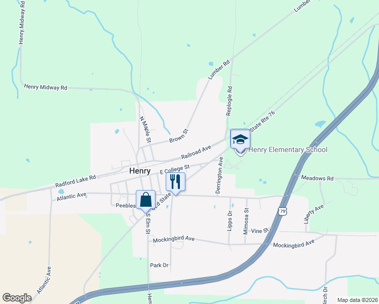 map of restaurants, bars, coffee shops, grocery stores, and more near 179 Main St in Henry