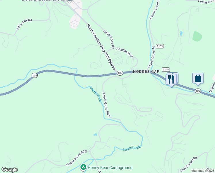 map of restaurants, bars, coffee shops, grocery stores, and more near 755 Poplar Grove Rd S in Boone