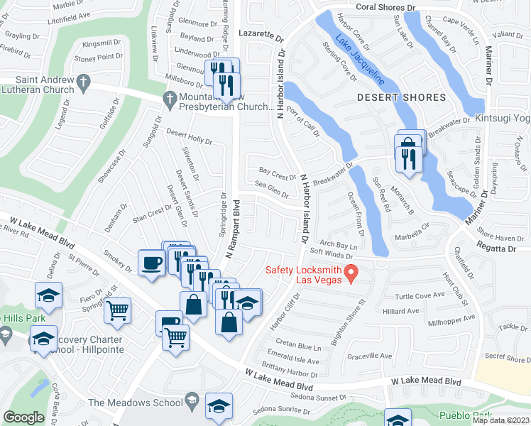 map of restaurants, bars, coffee shops, grocery stores, and more near 2445 North Sage Point Circle in Las Vegas
