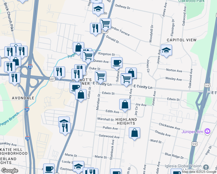 map of restaurants, bars, coffee shops, grocery stores, and more near 306 East Trinity Lane in Nashville