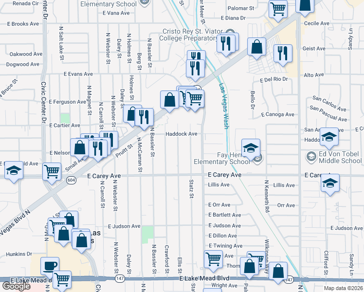 map of restaurants, bars, coffee shops, grocery stores, and more near 2516 Ellis Street in North Las Vegas