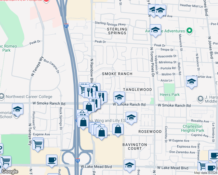 map of restaurants, bars, coffee shops, grocery stores, and more near 2504 Silver Shadow Drive in Las Vegas