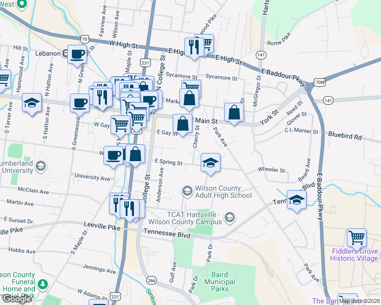 map of restaurants, bars, coffee shops, grocery stores, and more near 128 Cherry Street in Lebanon