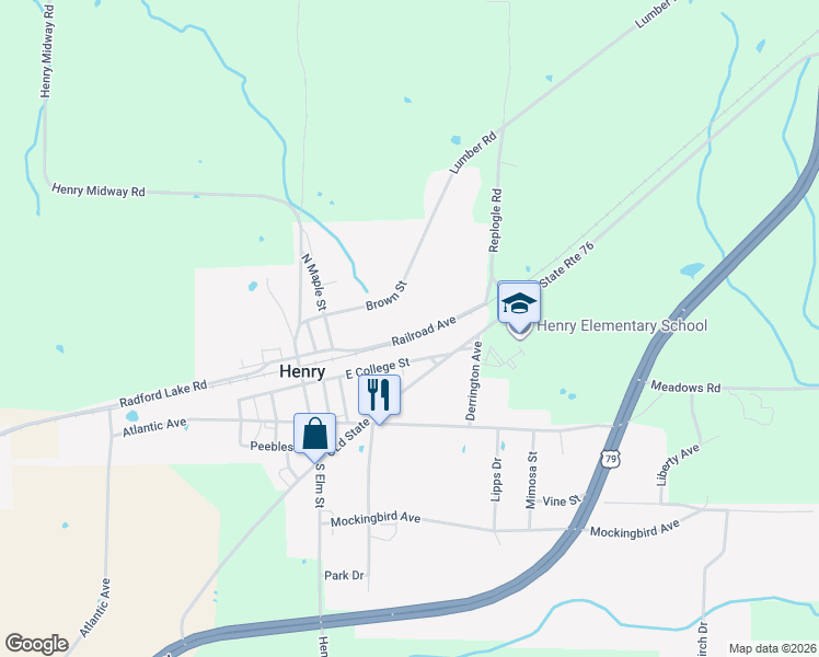 map of restaurants, bars, coffee shops, grocery stores, and more near 179 Main St in Henry