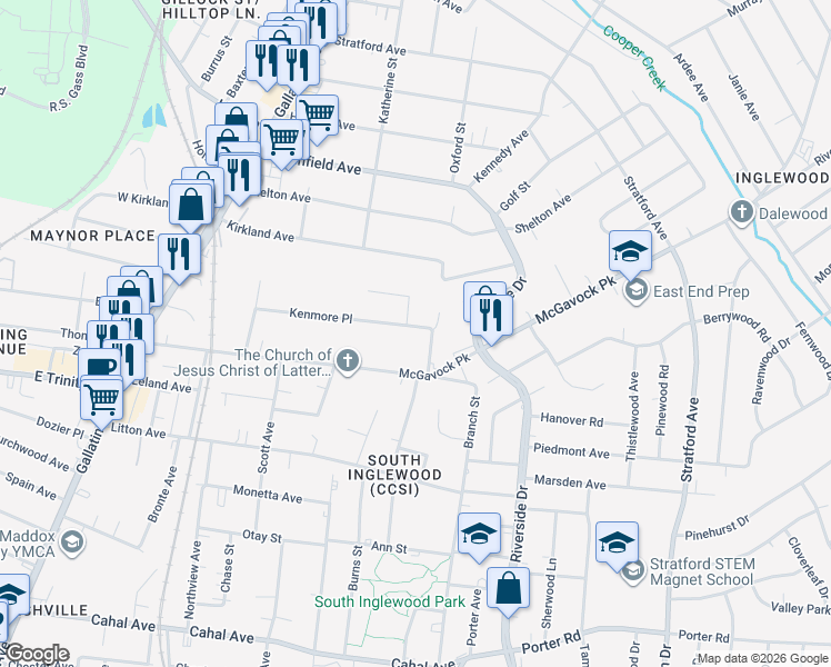 map of restaurants, bars, coffee shops, grocery stores, and more near 1278 Kenmore Place in Nashville