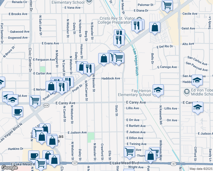 map of restaurants, bars, coffee shops, grocery stores, and more near 2520 North Crawford Street in North Las Vegas
