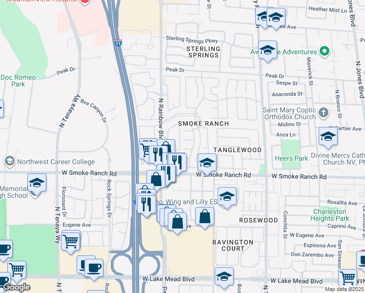 map of restaurants, bars, coffee shops, grocery stores, and more near 6677 Coral Falls Circle in Las Vegas