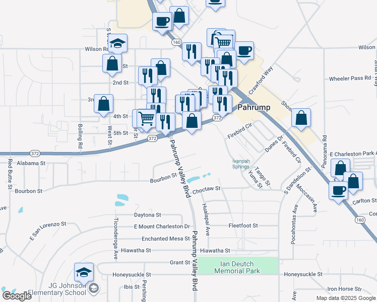 map of restaurants, bars, coffee shops, grocery stores, and more near 1380 East Arrowhead Street in Pahrump