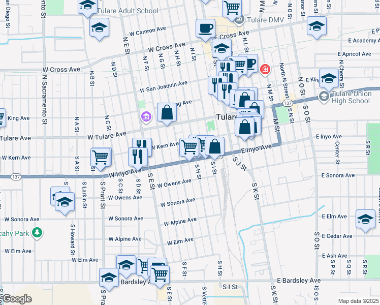 map of restaurants, bars, coffee shops, grocery stores, and more near 221 South H Street in Tulare