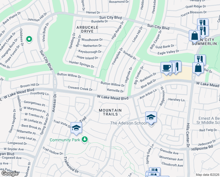 map of restaurants, bars, coffee shops, grocery stores, and more near 9840 Kernville Drive in Las Vegas