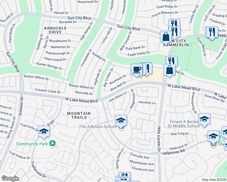 map of restaurants, bars, coffee shops, grocery stores, and more near 9705 Blue Bell Drive in Las Vegas