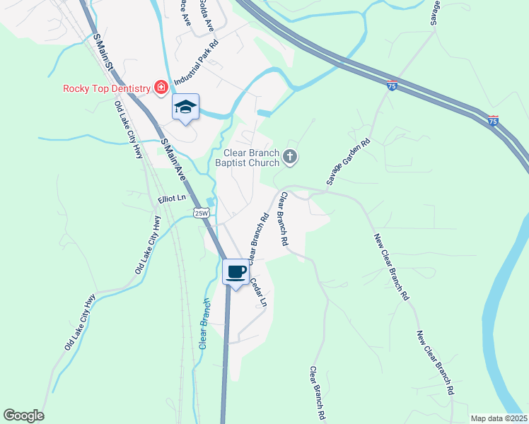 map of restaurants, bars, coffee shops, grocery stores, and more near 1050 New Clear Branch Road in Rocky Top