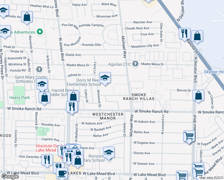 map of restaurants, bars, coffee shops, grocery stores, and more near 2501 Winwood Street in Las Vegas