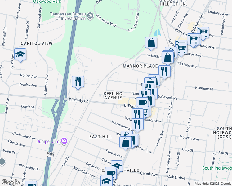 map of restaurants, bars, coffee shops, grocery stores, and more near 902 Thomas Avenue in Nashville