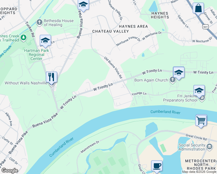 map of restaurants, bars, coffee shops, grocery stores, and more near 1012 West Trinity Lane in Nashville