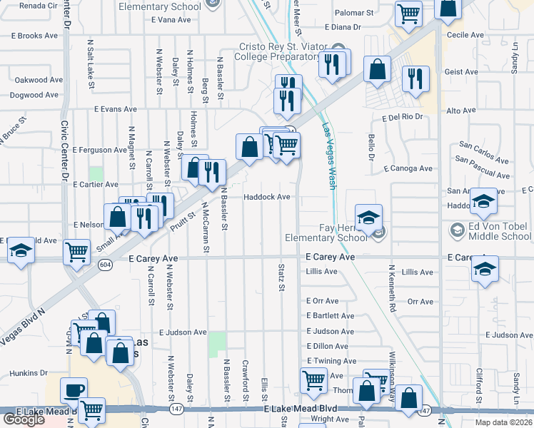 map of restaurants, bars, coffee shops, grocery stores, and more near 2516 Ellis Street in North Las Vegas
