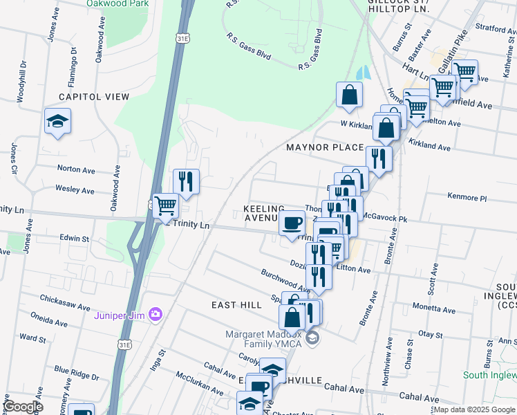 map of restaurants, bars, coffee shops, grocery stores, and more near 902 Thomas Avenue in Nashville