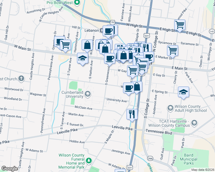 map of restaurants, bars, coffee shops, grocery stores, and more near 201 South Greenwood Street in Lebanon
