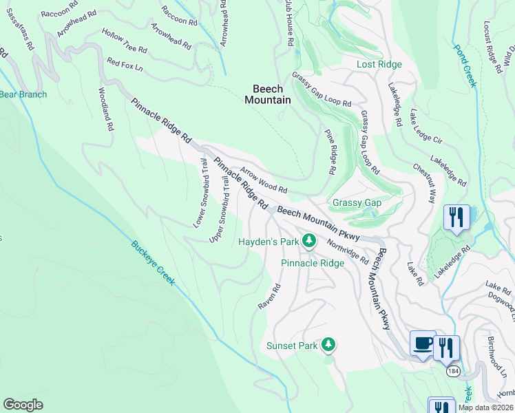 map of restaurants, bars, coffee shops, grocery stores, and more near 104 Pinnacle Ridge Road in Beech Mountain