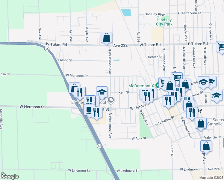 map of restaurants, bars, coffee shops, grocery stores, and more near 412 North Westwood Avenue in Lindsay