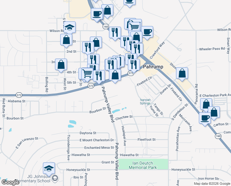 map of restaurants, bars, coffee shops, grocery stores, and more near 1360 East Arrowhead Street in Pahrump