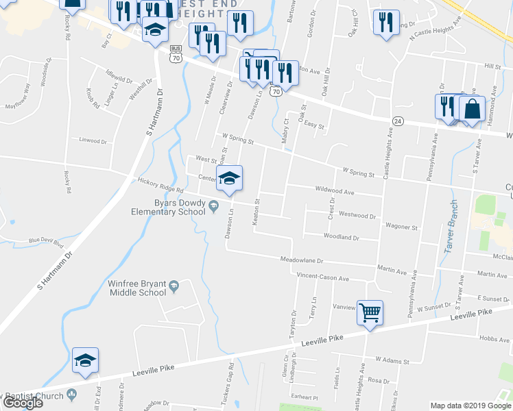 map of restaurants, bars, coffee shops, grocery stores, and more near 1016 Hickory Court in Lebanon