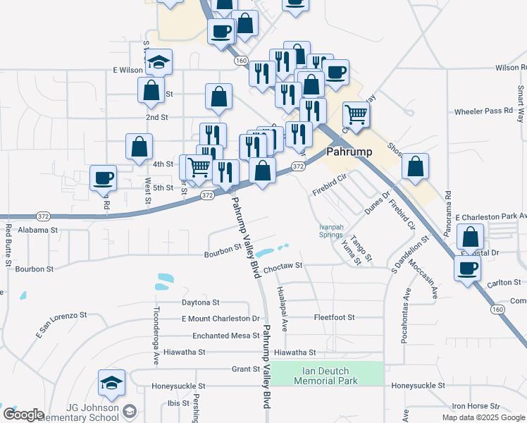 map of restaurants, bars, coffee shops, grocery stores, and more near 1360 East Arrowhead Street in Pahrump
