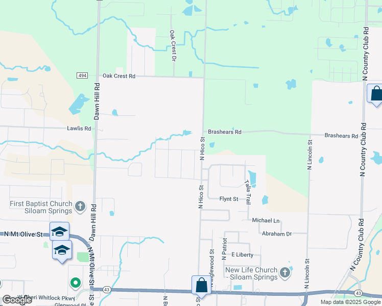 map of restaurants, bars, coffee shops, grocery stores, and more near 2403 Hope Lane in Siloam Springs