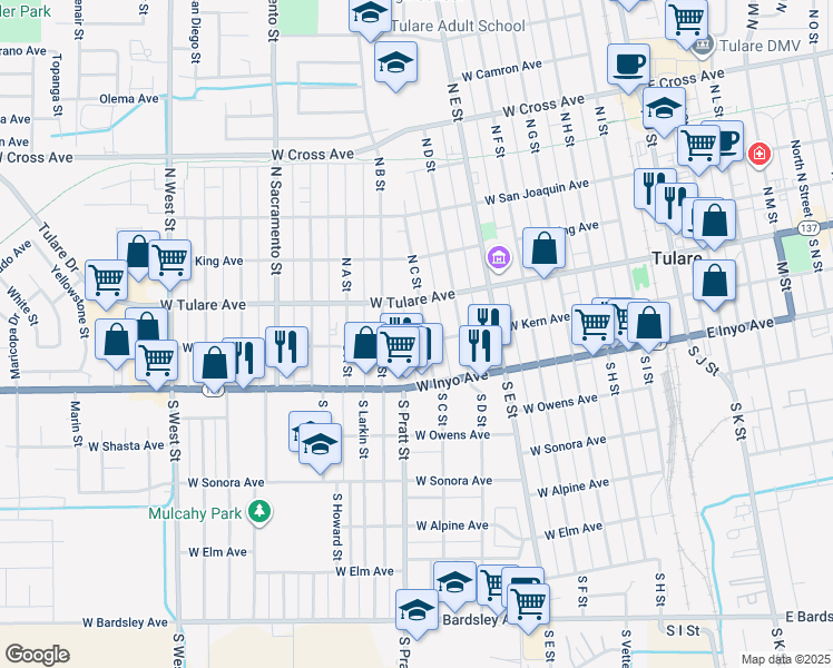 map of restaurants, bars, coffee shops, grocery stores, and more near 151 South C Street in Tulare