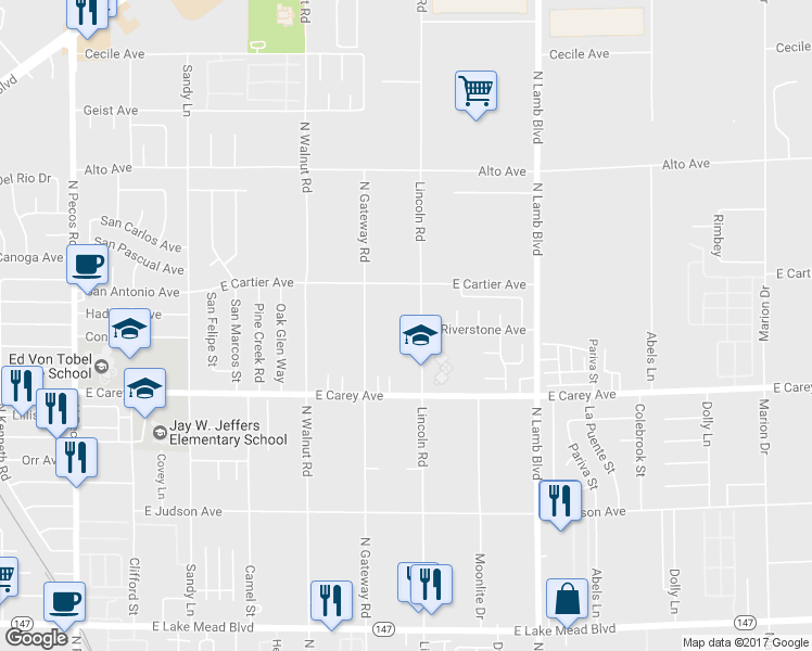 map of restaurants, bars, coffee shops, grocery stores, and more near 2521 Lincoln Road in Las Vegas