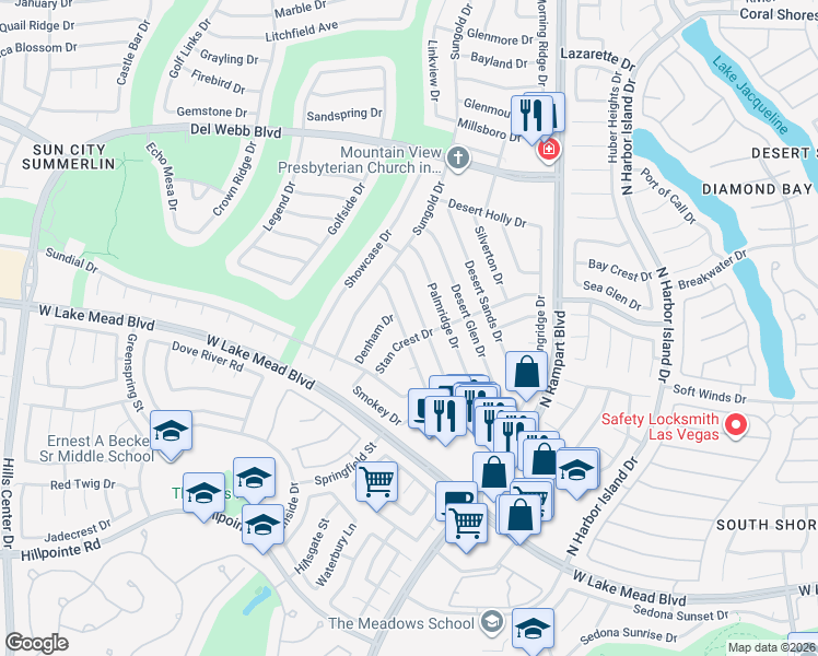 map of restaurants, bars, coffee shops, grocery stores, and more near 2524 Denham Drive in Las Vegas