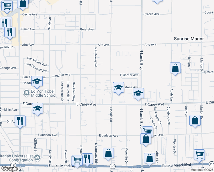map of restaurants, bars, coffee shops, grocery stores, and more near 2522 North Gateway Road in Las Vegas