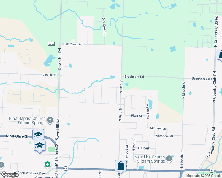 map of restaurants, bars, coffee shops, grocery stores, and more near 2403 Hope Lane in Siloam Springs