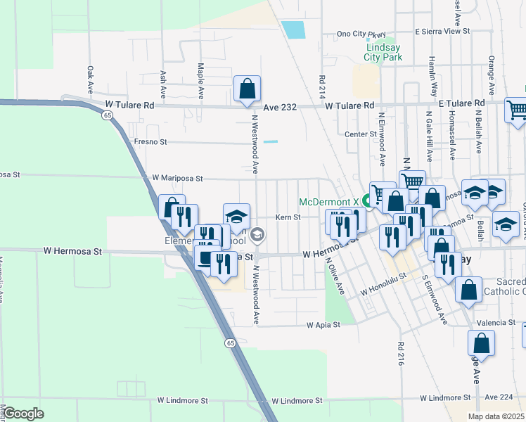 map of restaurants, bars, coffee shops, grocery stores, and more near 412 North Westwood Avenue in Lindsay