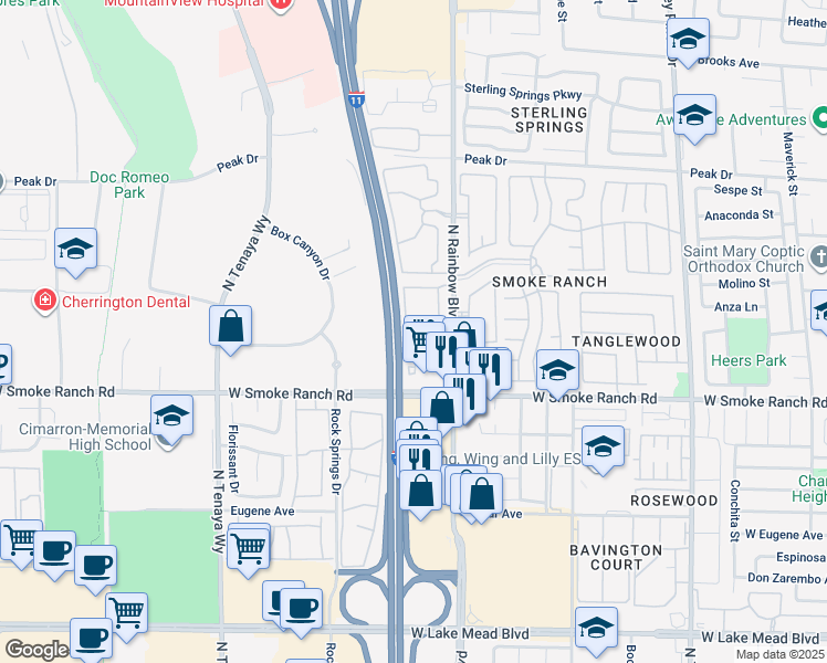 map of restaurants, bars, coffee shops, grocery stores, and more near 2451 North Rainbow Boulevard in Las Vegas