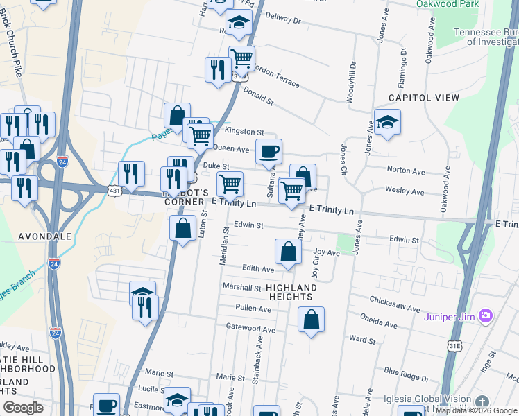 map of restaurants, bars, coffee shops, grocery stores, and more near 306 East Trinity Lane in Nashville